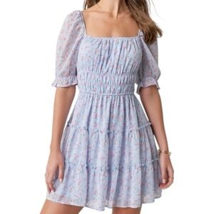 Trixx Clothing Company Light Blue Floral Mini Dress Sz Medium Sheer 3/4‎ Sleeve